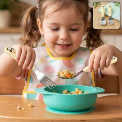 Kids Cartoon Spoon and Fork Set with Easy Grip Handles for Daily Feeding (2 Pc)